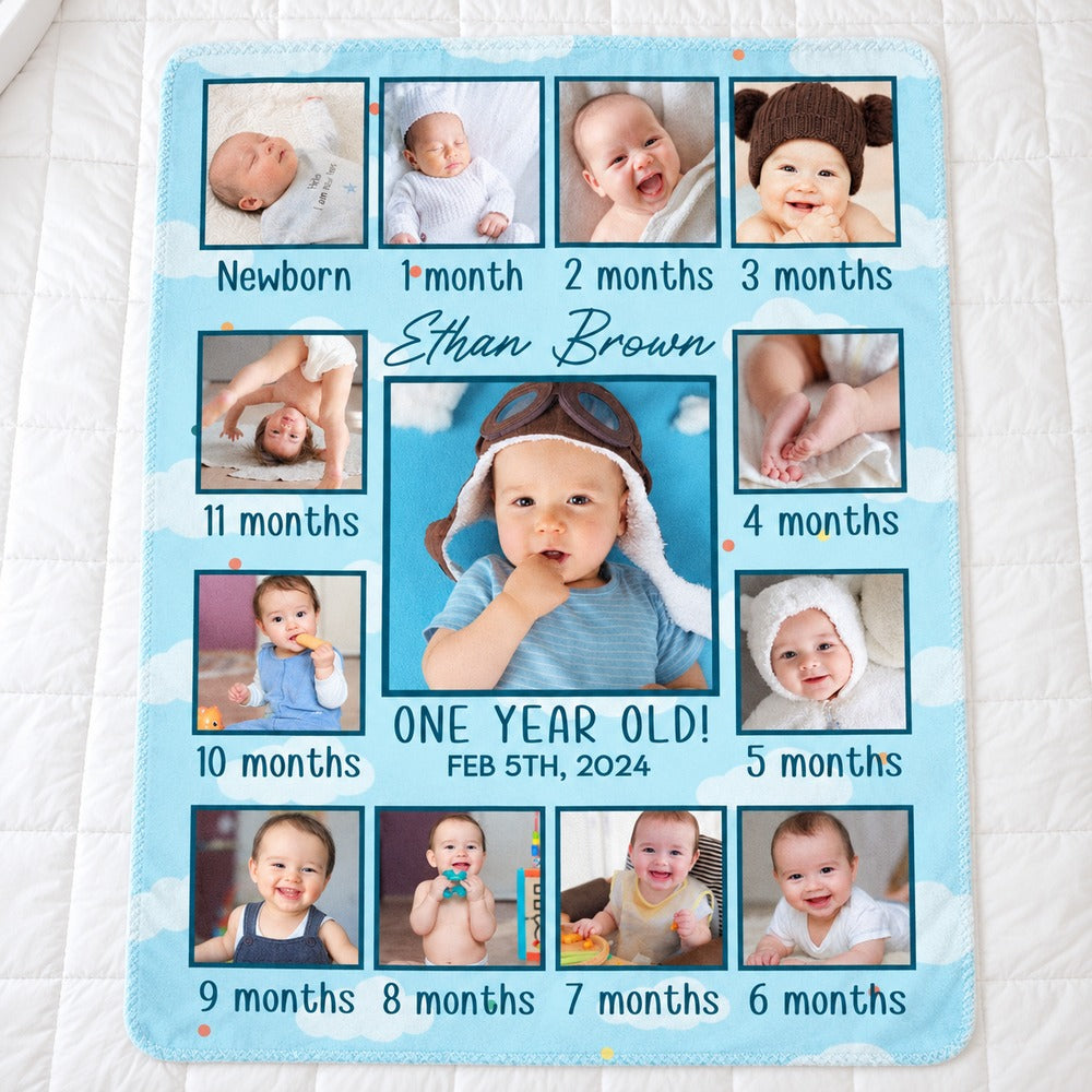 Custom photo newborn 1st birthday milestone blanket spread flat on a nursery bed