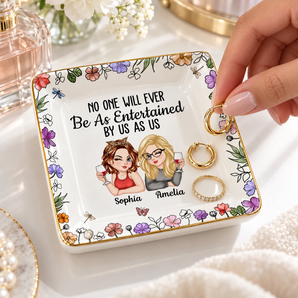Woman placing gold rings and earrings into personalized best friends jewelry dish