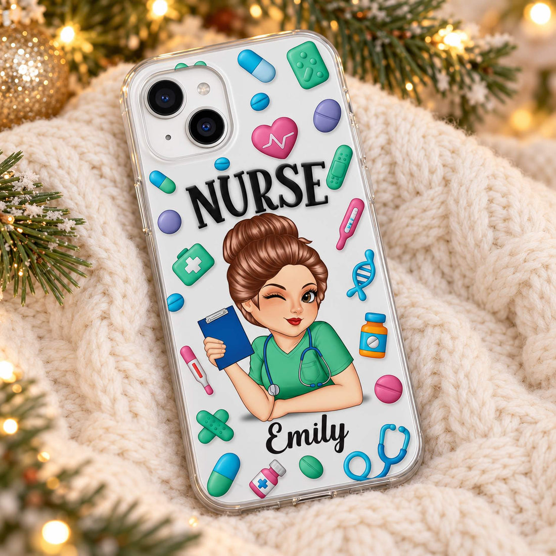 Personalized nurse clear phone case with Emily name on cozy knit blanket by Christmas lights