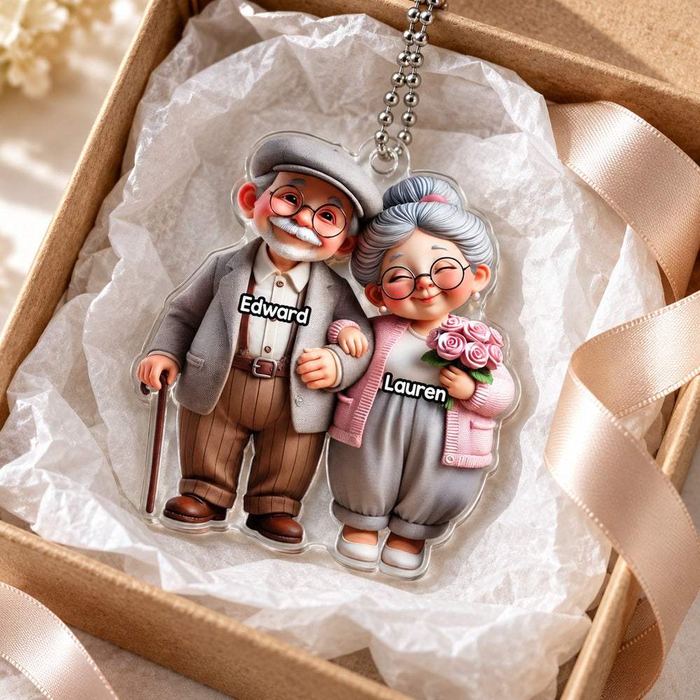Personalized old couple car hanger gift for grandparents nestled in a small gift box