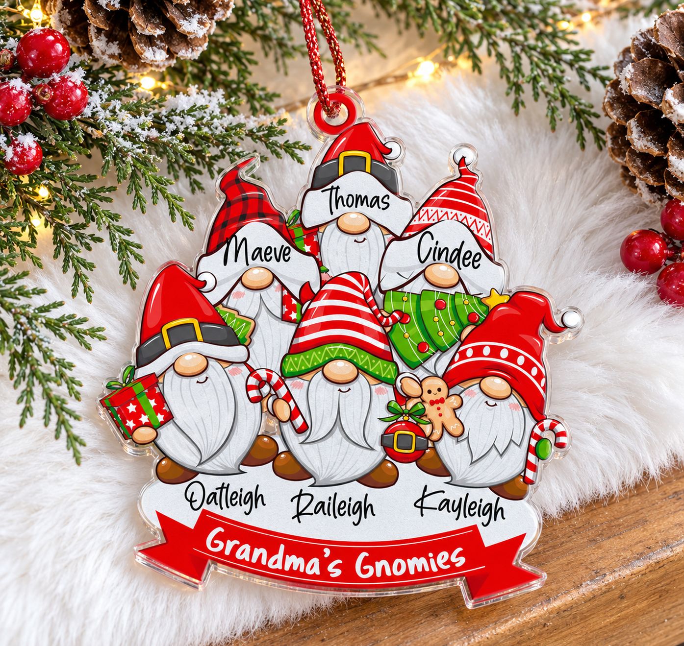 Custom shaped Grandma's Gnomies acrylic ornament styled on a festive Christmas mantel with pinecones