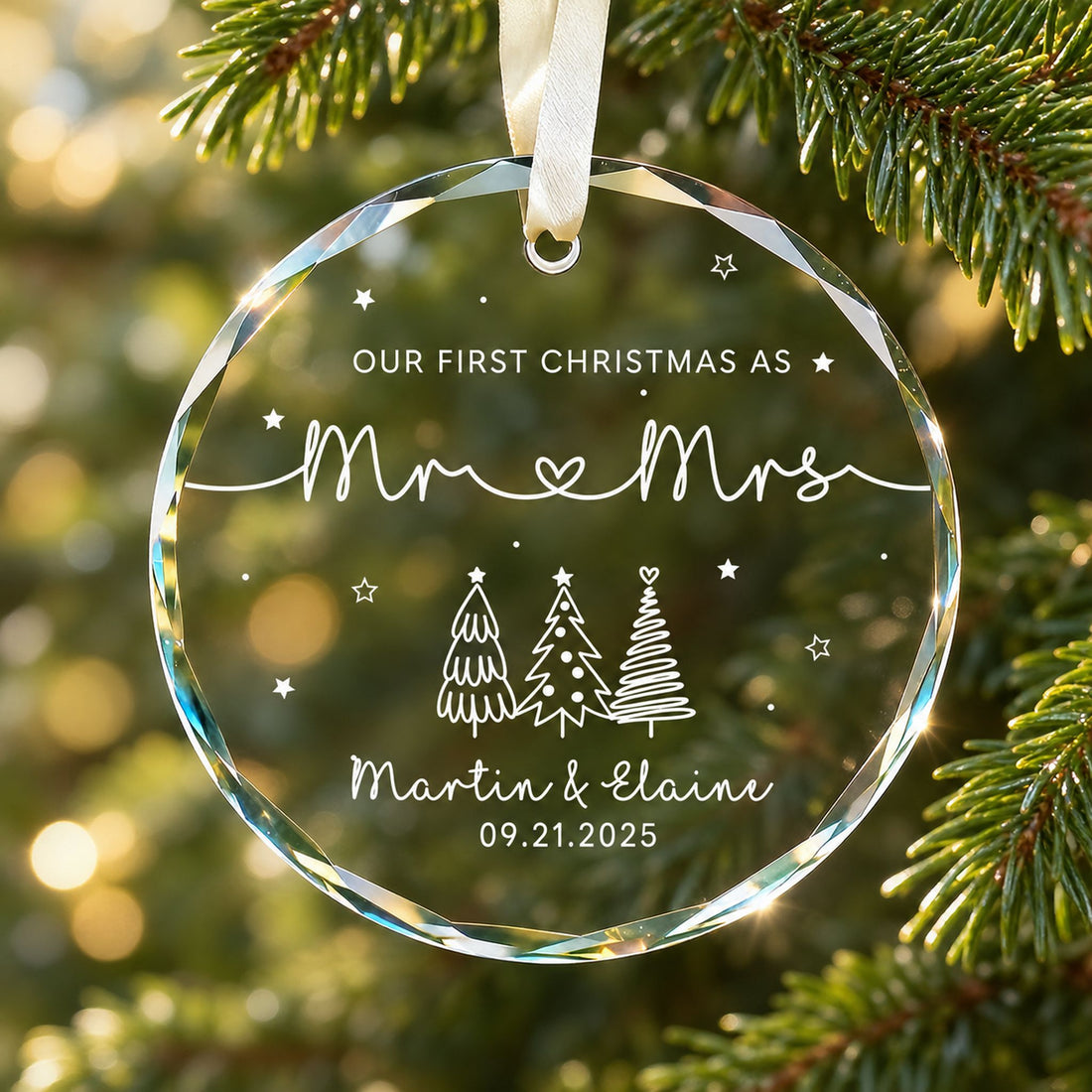 Macro closeup of beveled edge and white print on personalized Mr and Mrs circle glass ornament