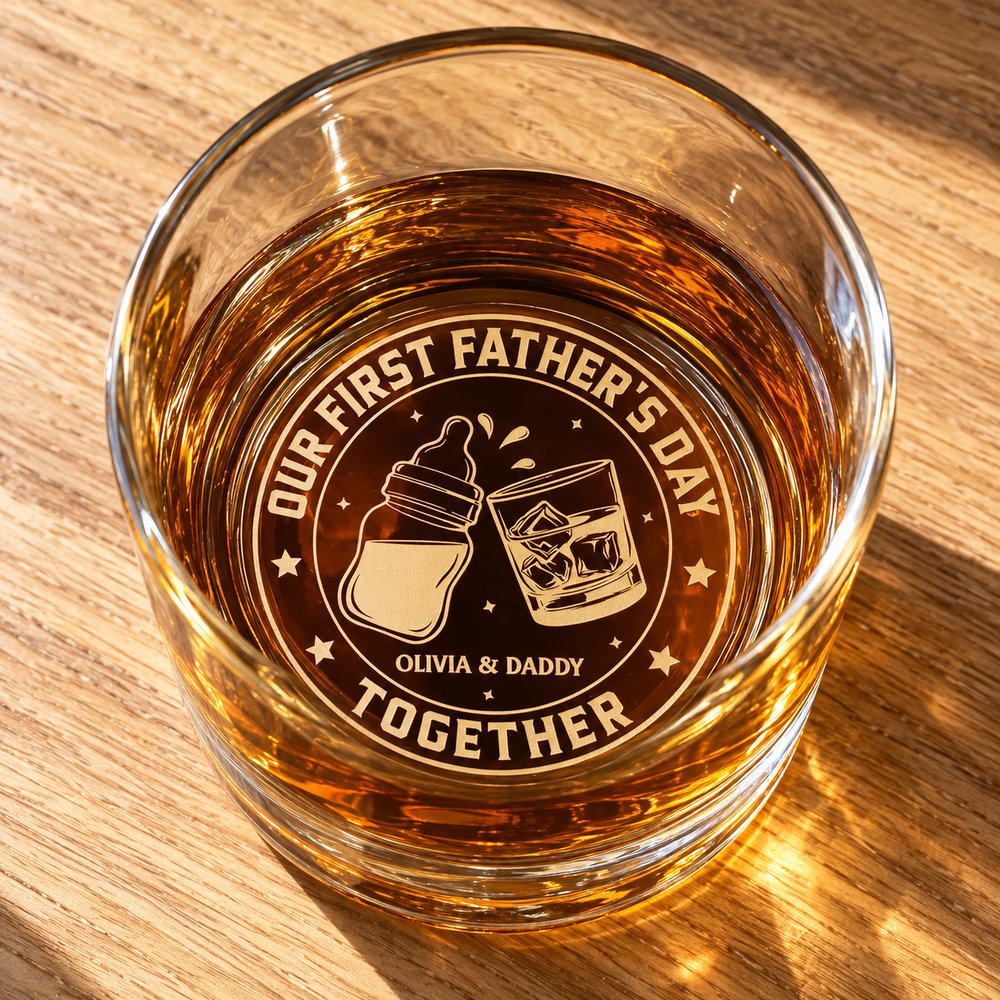 Personalized First Fathers Day whiskey glass with amber whiskey on oak counter showing bottom engraving