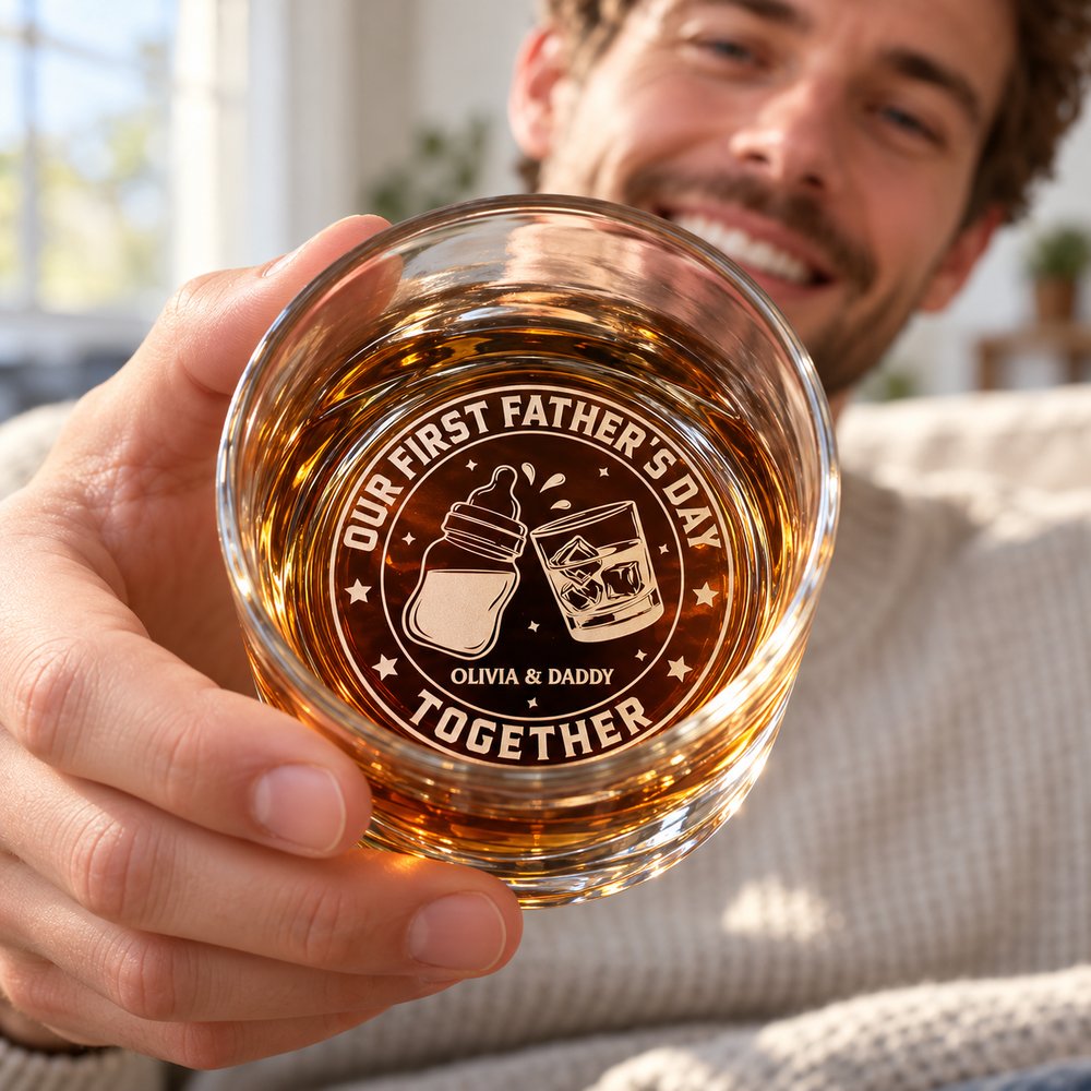 New dad holding personalized First Fathers Day engraved whiskey glass in bright living room