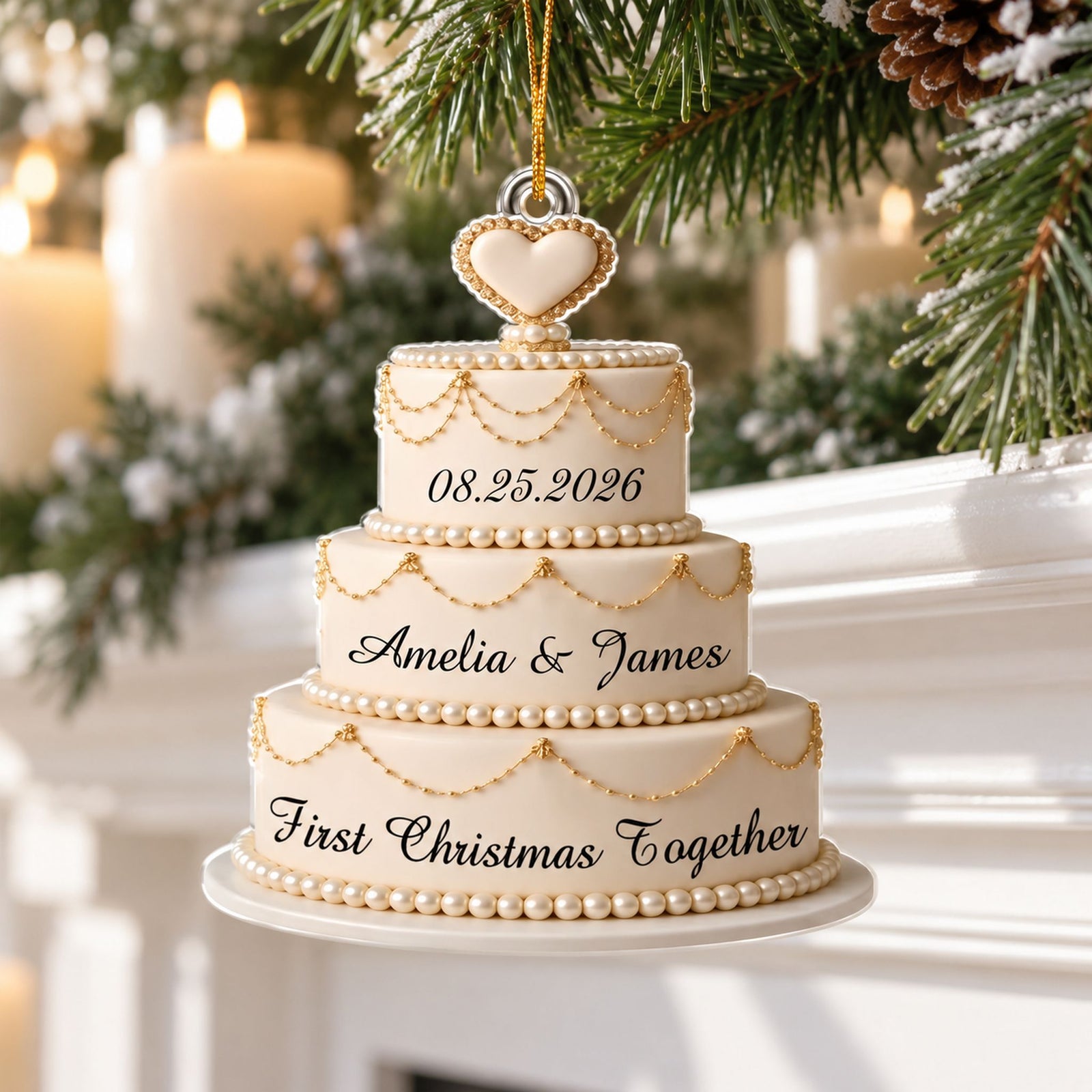 Custom shaped newlywed cake acrylic ornament hanging on a holiday fireplace mantel