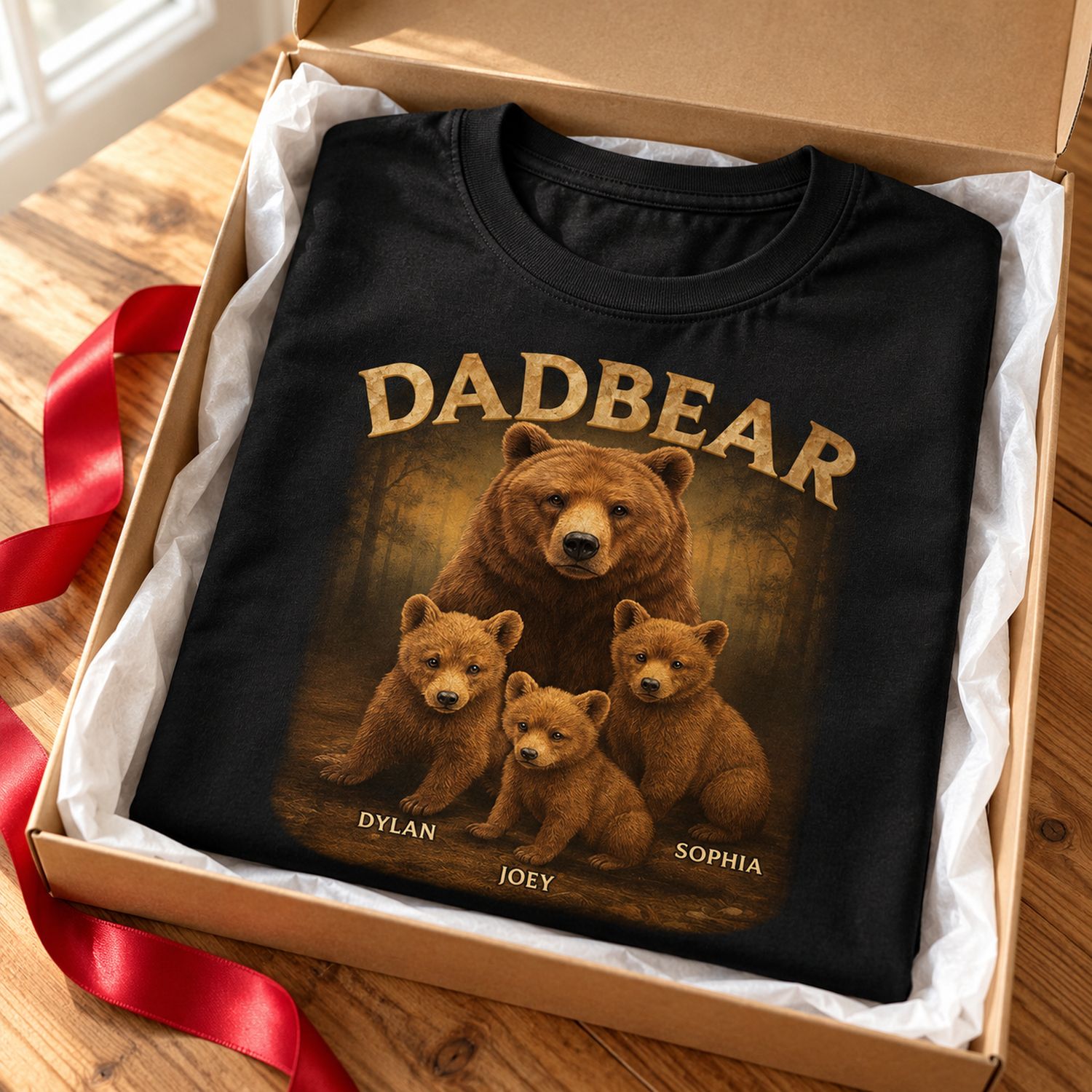 Folded personalized Dadbear custom t-shirt in an open holiday gift box with ribbon
