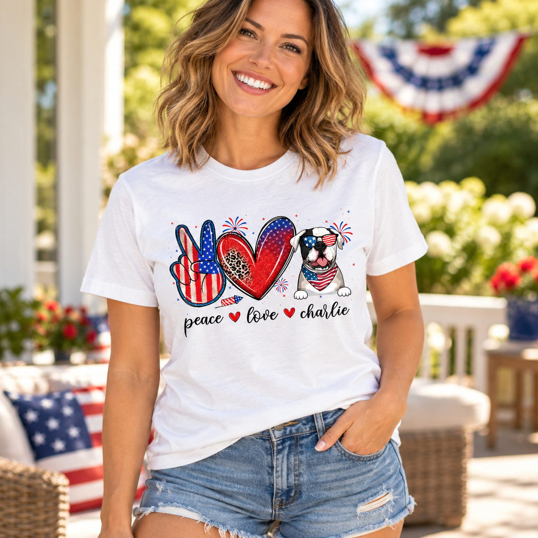 Dog mom wearing personalized Peace Love Dogs USA flag t-shirt outdoors