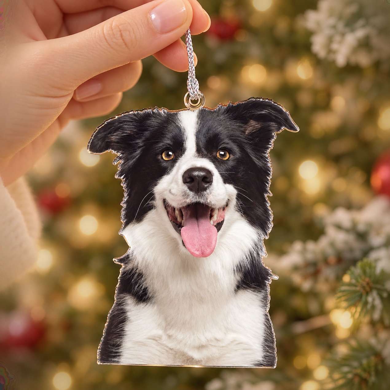 Hand holding 3.5 inch personalized Border Collie dog photo acrylic Christmas ornament