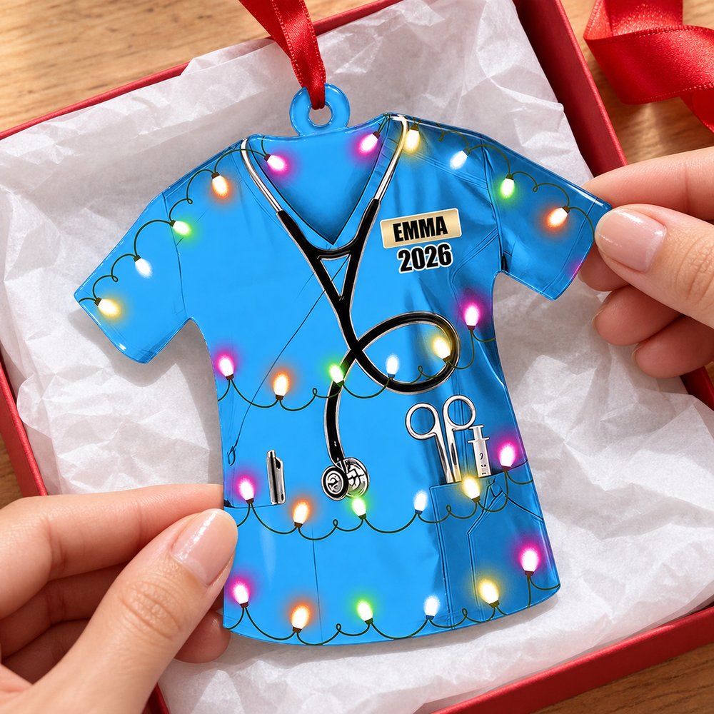 Custom nurse uniform acrylic ornament in a holiday gift box with ribbon