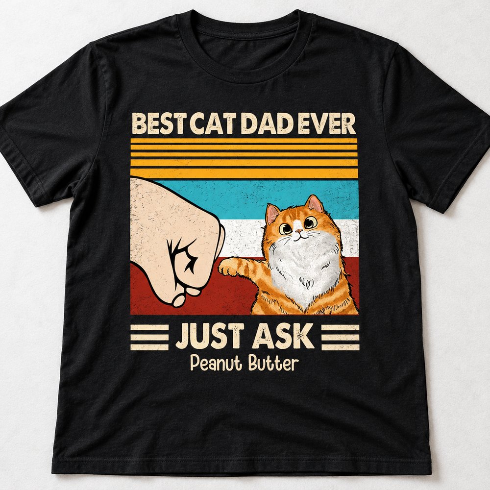 Close-up of the Best Cat Dad Ever t-shirt print quality and cotton fabric texture