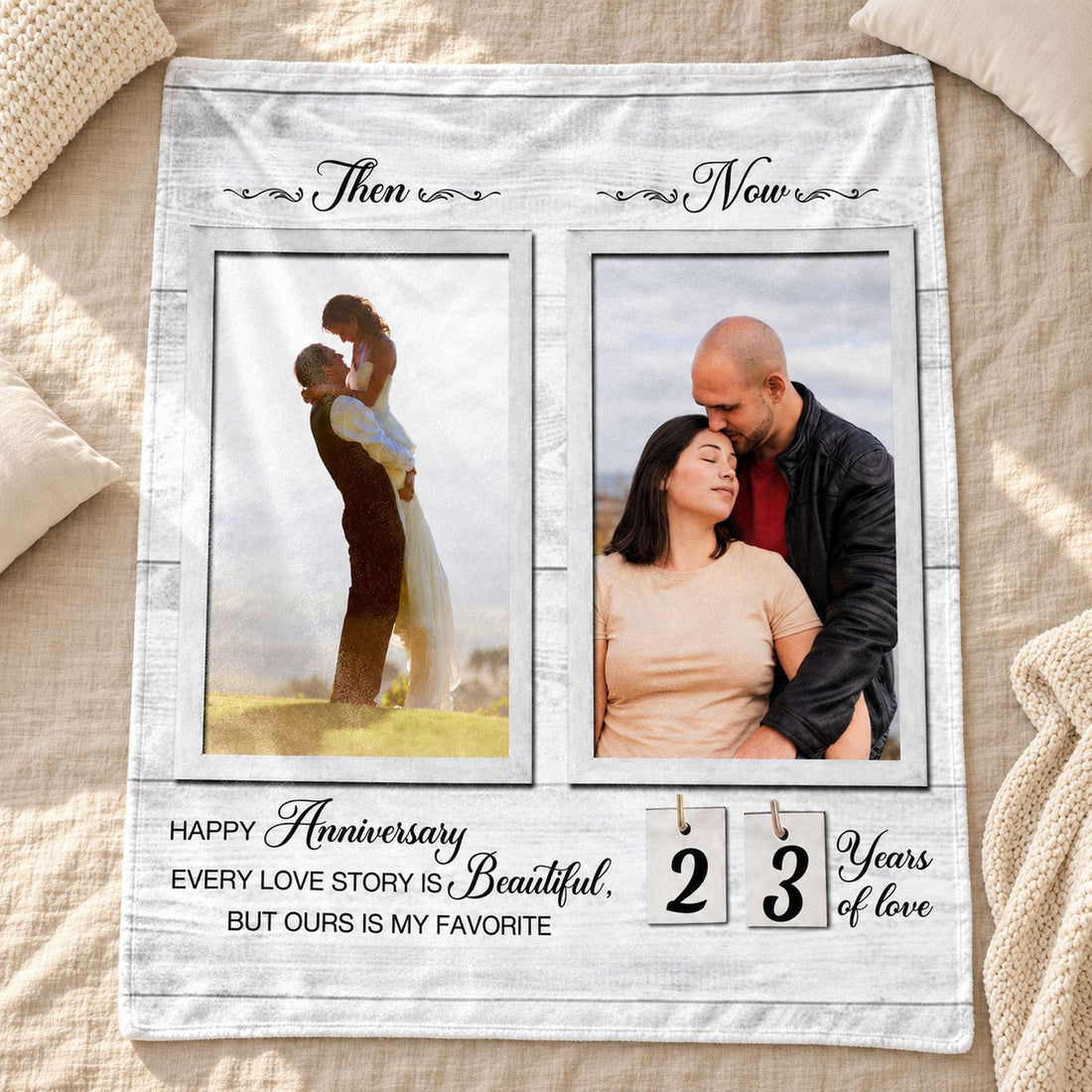 Custom Then and Now photo anniversary fleece blanket spread flat on a beige linen bed