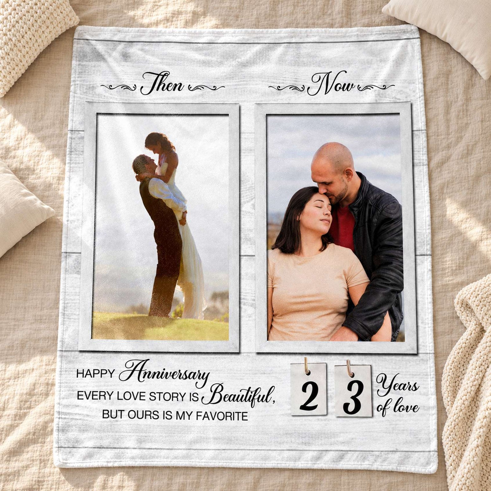 Custom Then and Now photo anniversary fleece blanket spread flat on a beige linen bed