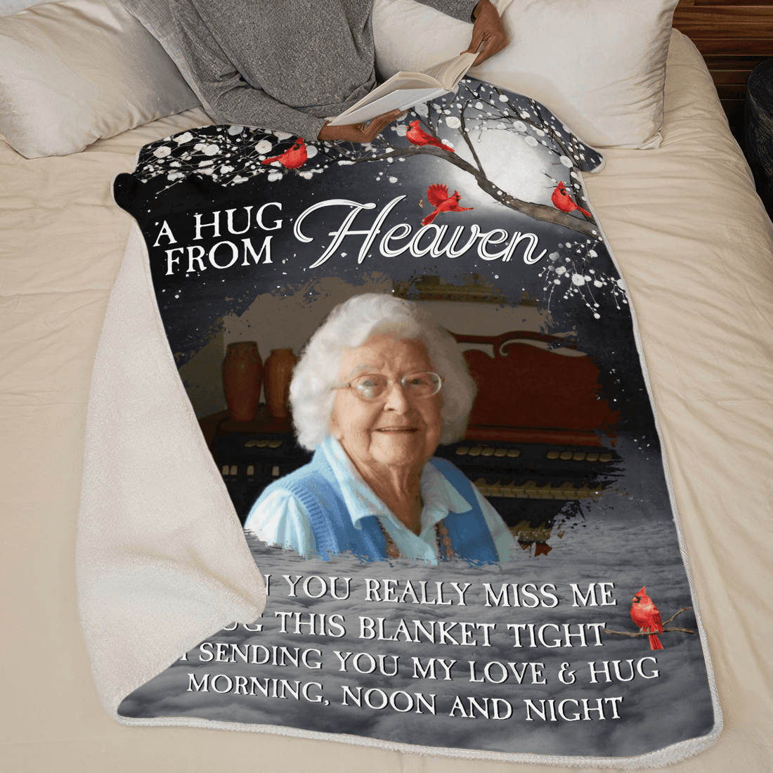 Personalized Custom Photo A Hug From Heaven fleece blanket, sherpa reverse side folded back