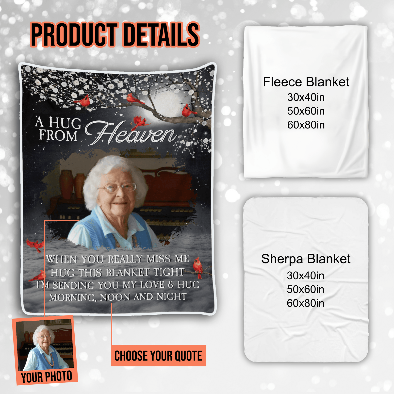 Personalized Custom Photo A Hug From Heaven fleece blanket, held up in a bright room, alternate design