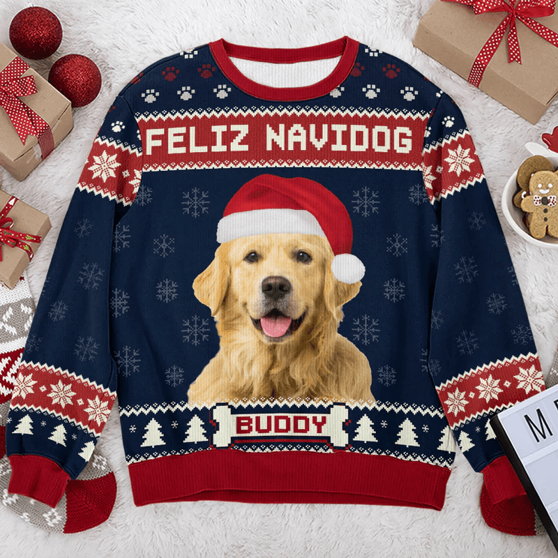 Custom Photo Feliz Navidog, Merry Woofmas ugly Christmas sweater, main view