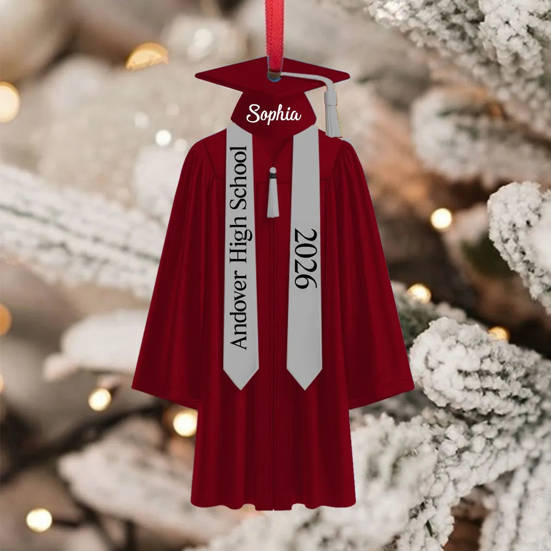 Graduation gown and cap acrylic ornament with school name, alternate view 2