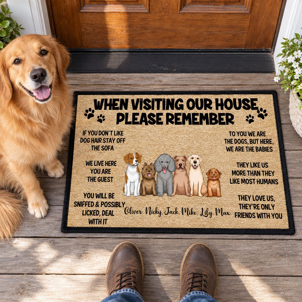 Personalized dog house rules doormat at a front door with a golden retriever sitting beside it