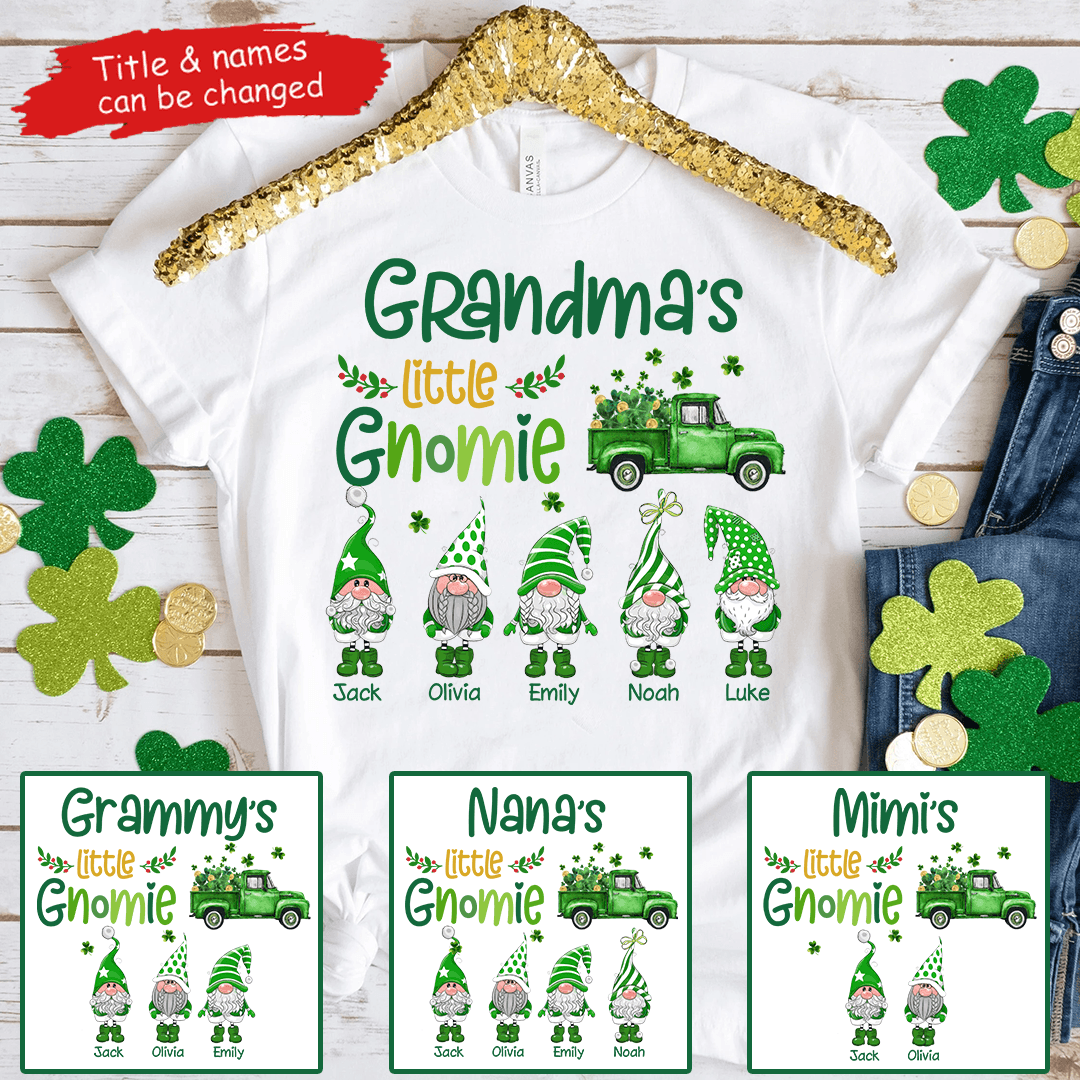 Grandma's Little Gnomies St. Patrick’s Day - Personalized Custom T Shirt - St. Patrick's Day, Birthday, Loving, Funny Gift for Grandma/Nana/Mimi, Mom, Wife, Grandparent - Suzitee Store