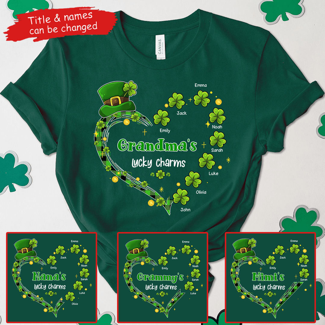 Grandma's Lucky Charms Shamrock St. Patrick's Day - Personalized Custom T Shirt - St. Patrick's Day, Birthday, Loving, Funny Gift for Grandma/Nana/Mimi, Mom, Wife, Grandparent - Suzitee Store