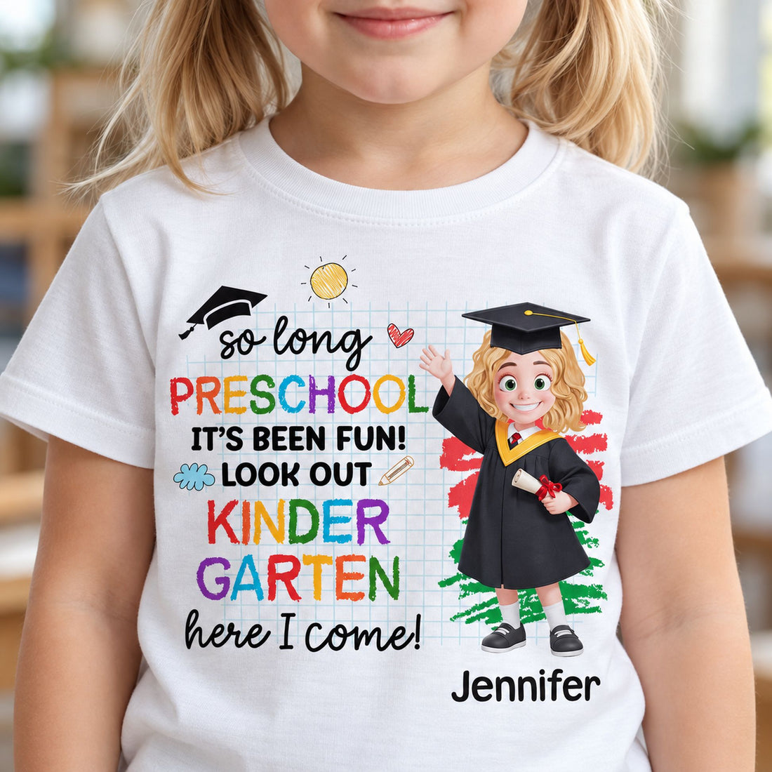 Close-up detail of print texture on custom Pre-K graduation youth cotton t-shirt