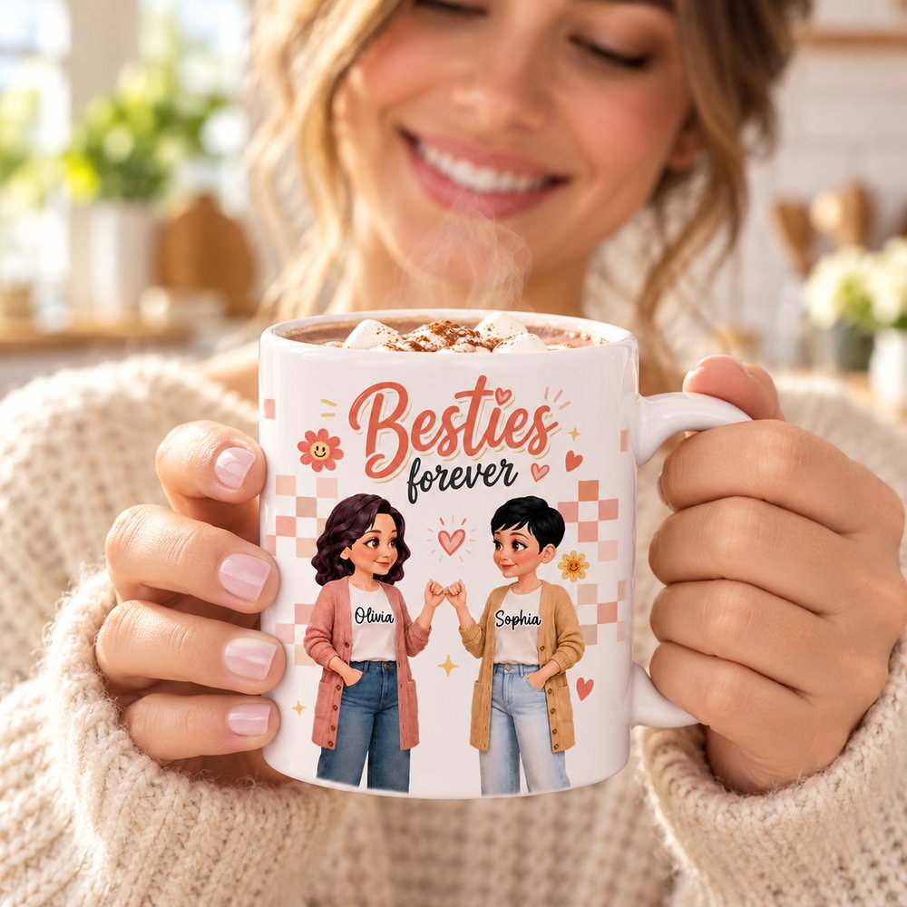 Best friend holding her custom Besties Forever coffee mug with warm steam rising