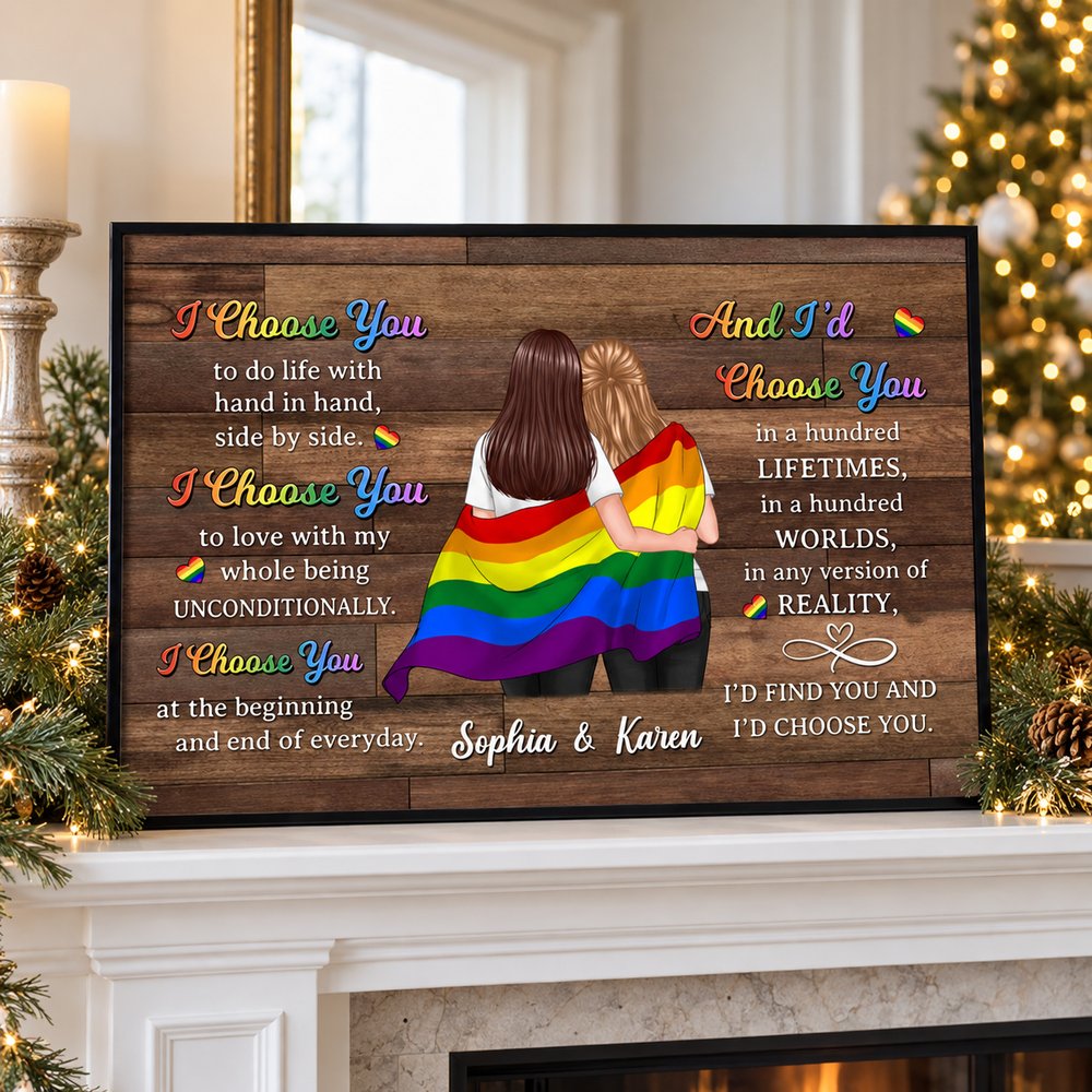 Pride Month LGBTQ+ couple personalized canvas print displayed on a holiday mantel with Christmas tree lights
