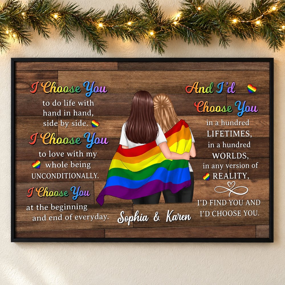 Personalized LGBTQ+ couple I Choose You canvas print hanging on wall with holiday pine garland