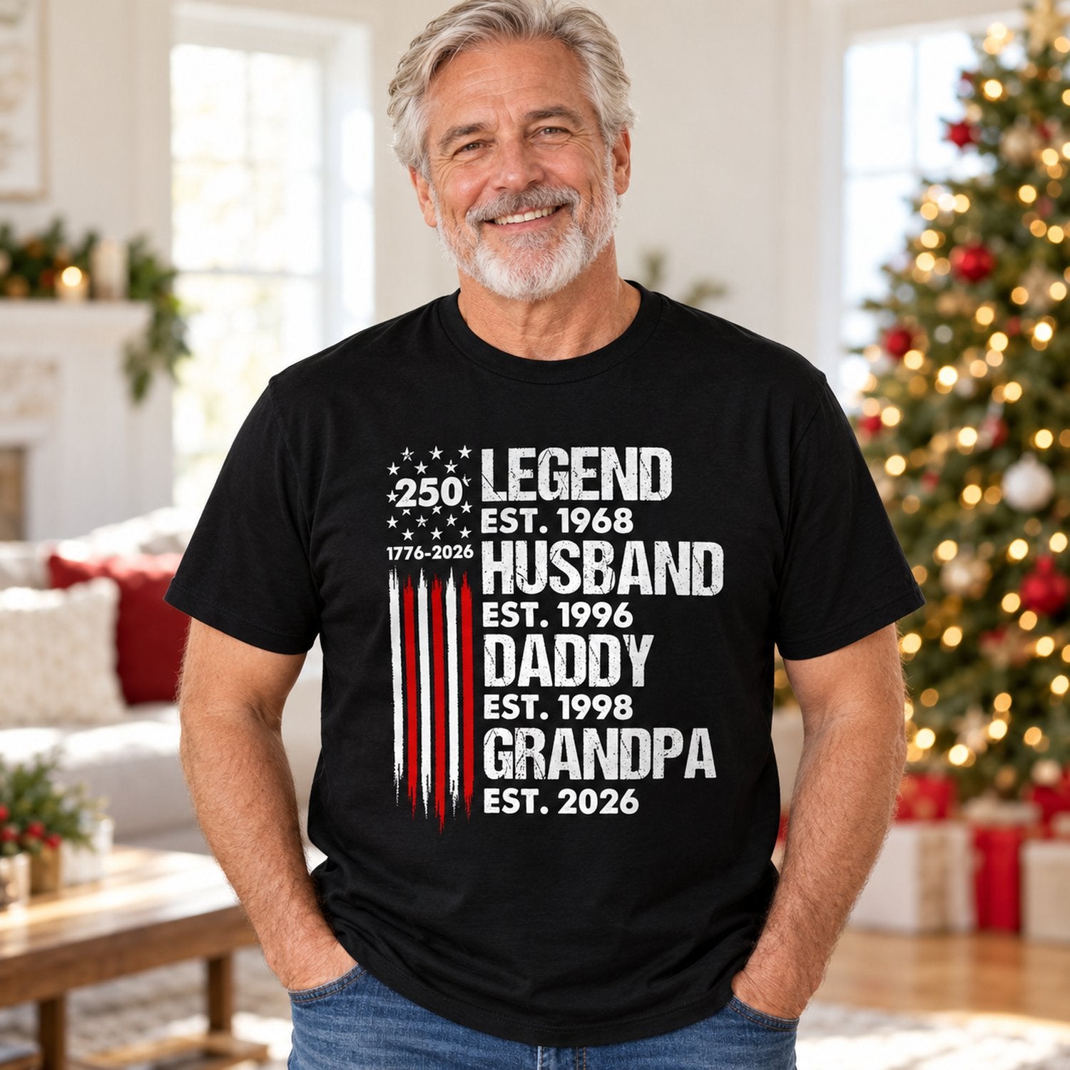 Grandpa wearing personalized Legend Husband Daddy Grandpa American 250th t-shirt in holiday living room