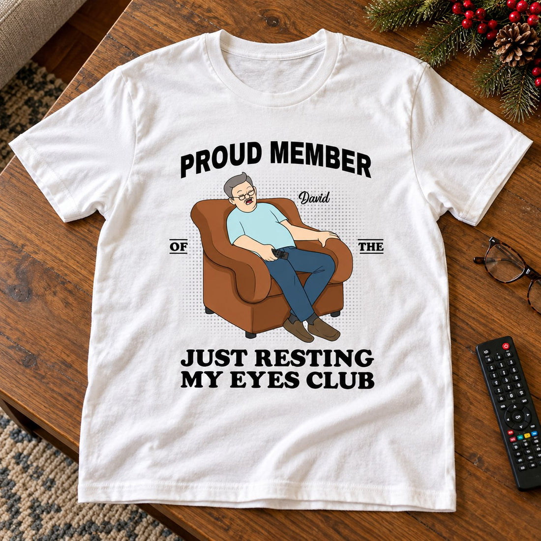 Personalized Just Resting My Eyes Club shirt flat lay with holiday decor and glasses