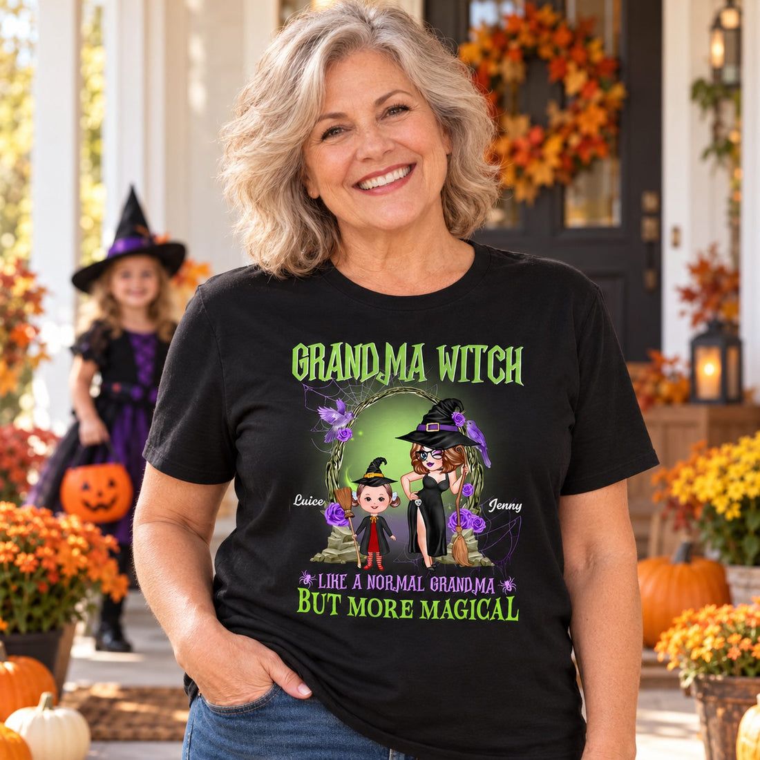 Grandma wearing personalized Grandma Witch Halloween t-shirt in autumn entryway