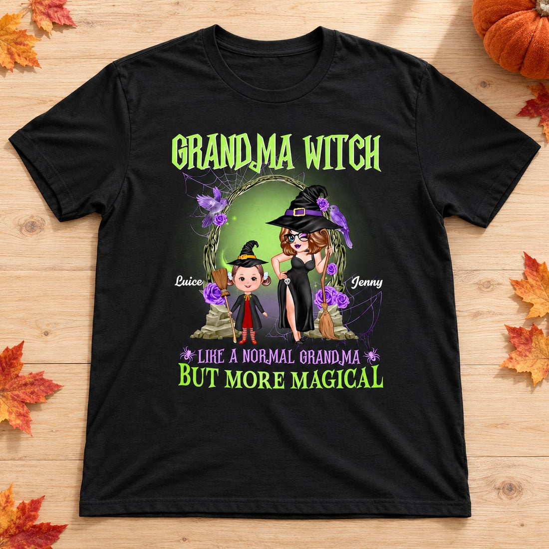 Personalized Grandma Witch Halloween t-shirt flat lay with autumn leaves