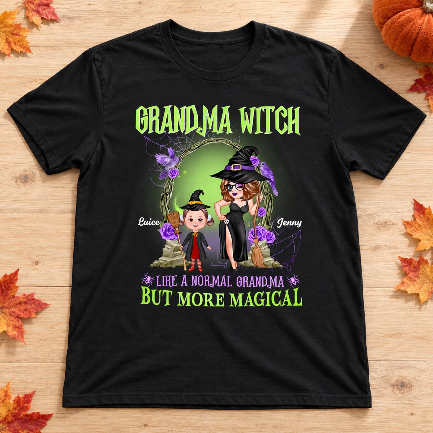 Personalized Grandma Witch Halloween t-shirt flat lay with autumn leaves