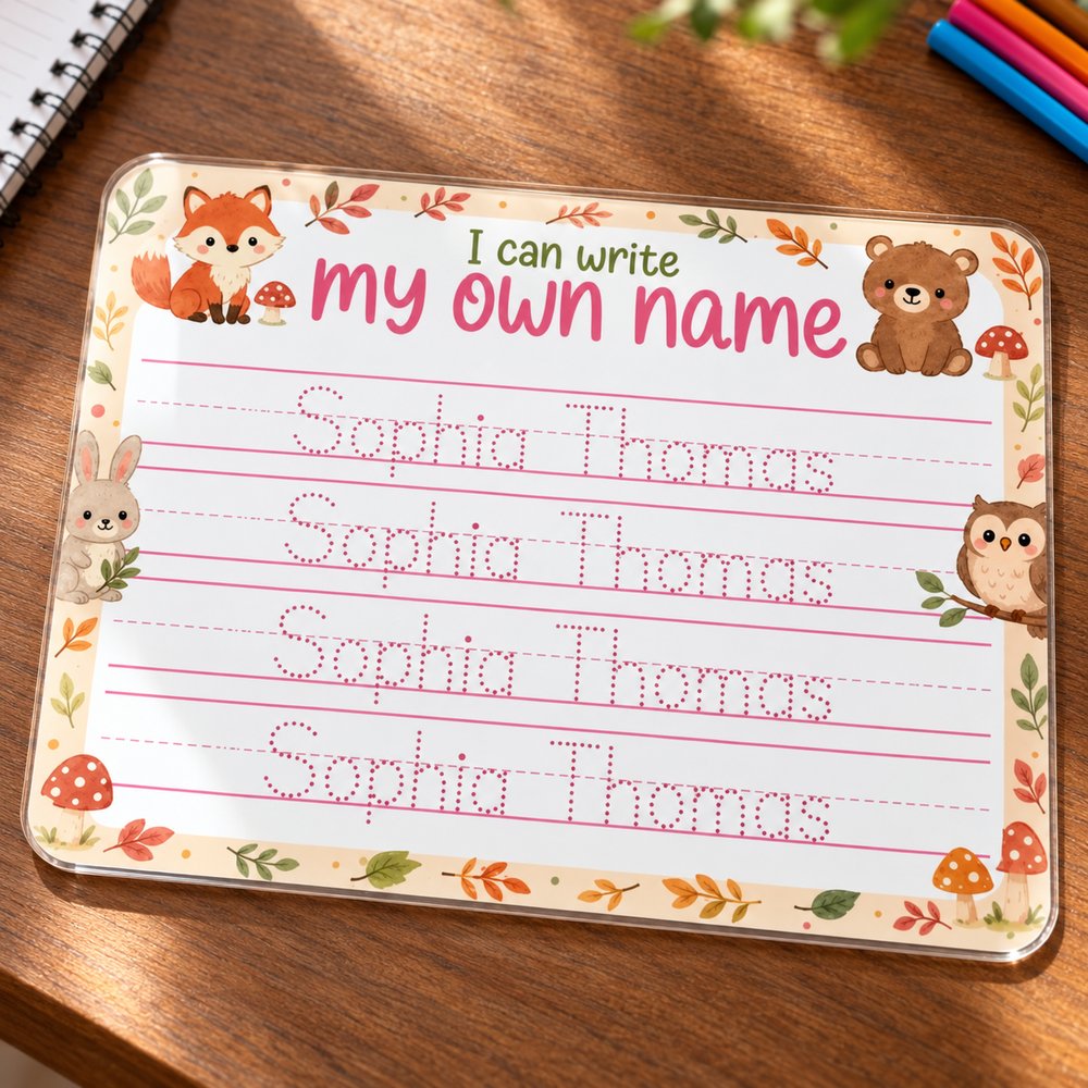 Close-up of personalized kids acrylic tracing board showing glossy surface and woodland details