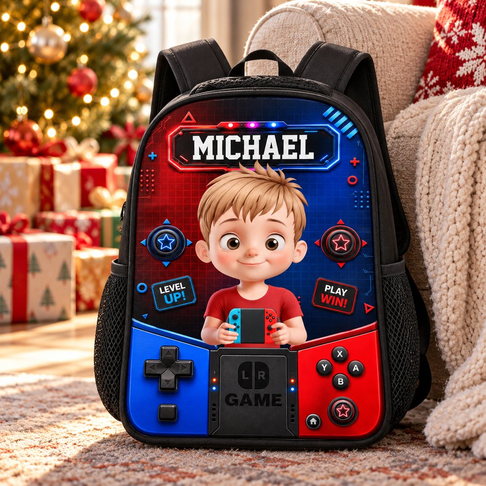 Personalized gamer kid backpack next to Christmas tree and holiday gifts