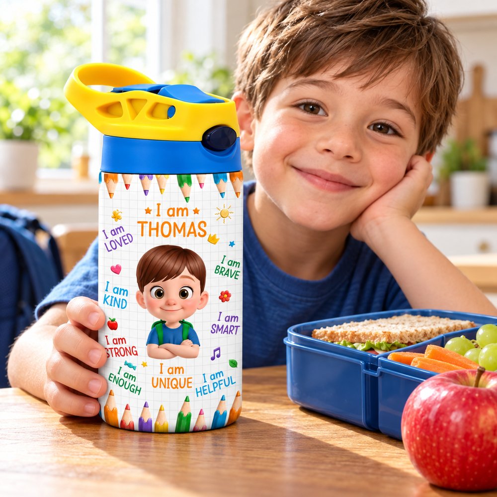 Personalized Thomas kids insulated water bottle on a table next to a school lunchbox