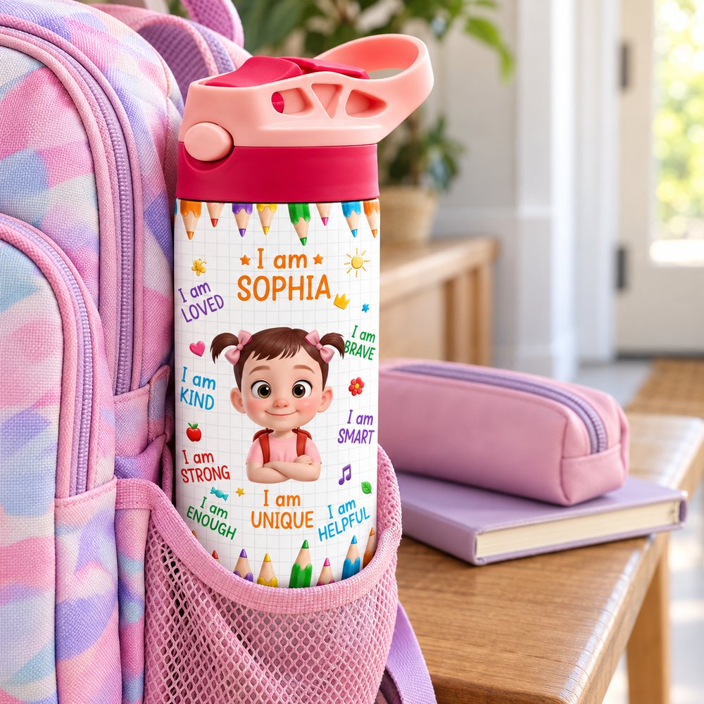 Sophia personalized kids water bottle in a school backpack side pocket showing scale