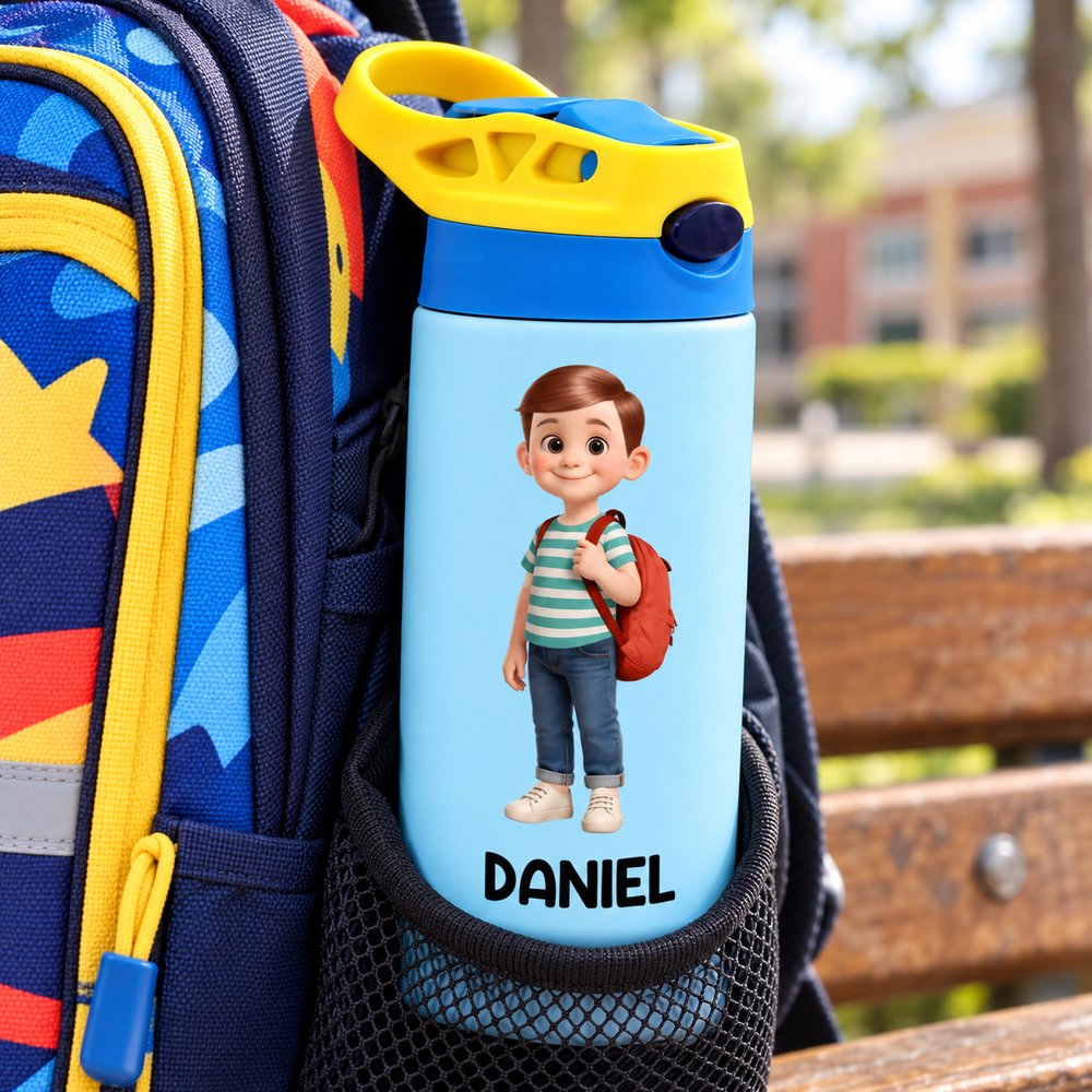 Personalized Daniel kids insulated water bottle in a school backpack side pocket ready for class