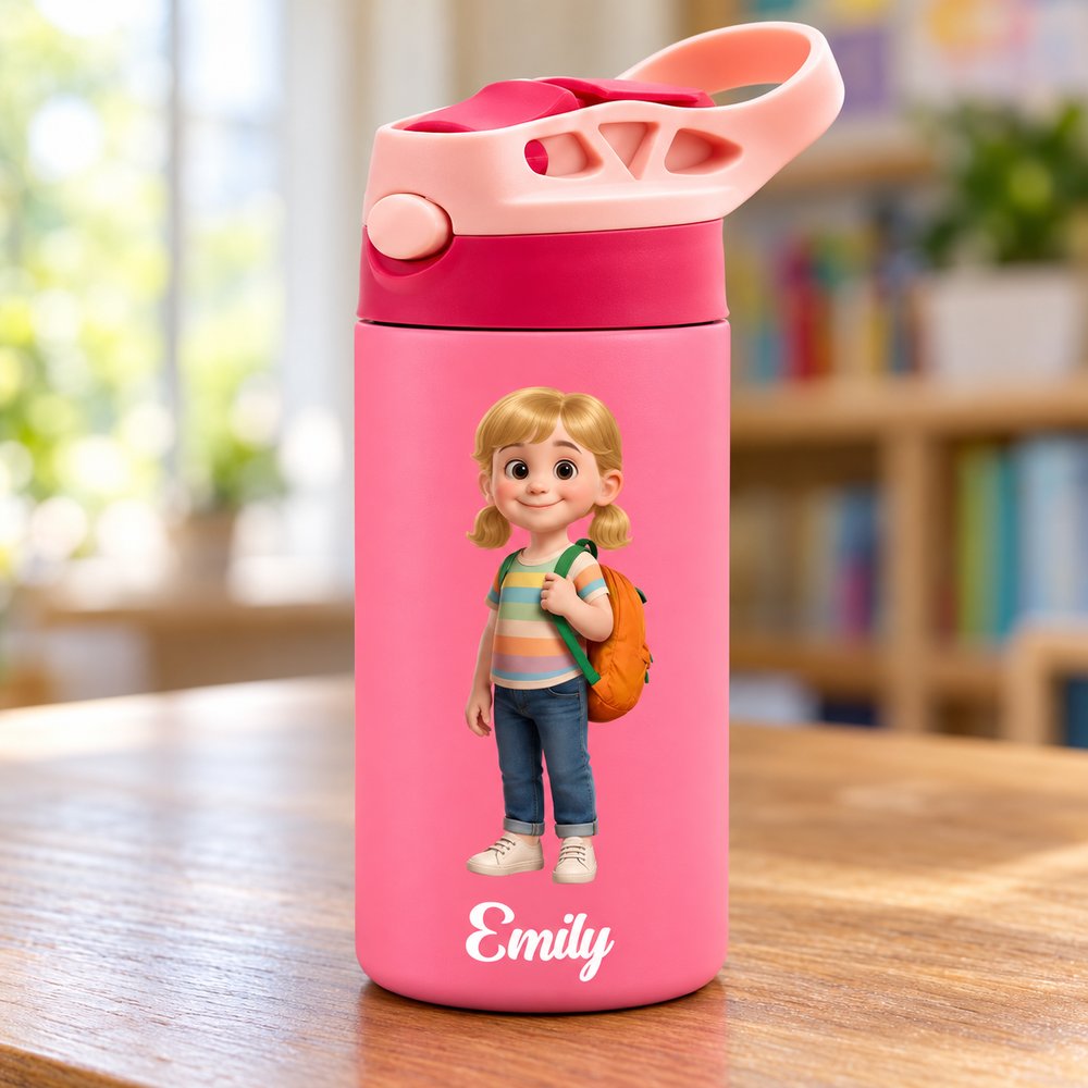 Close-up detail of the UV printed 3D cartoon girl and matte finish on the Emily kids water bottle