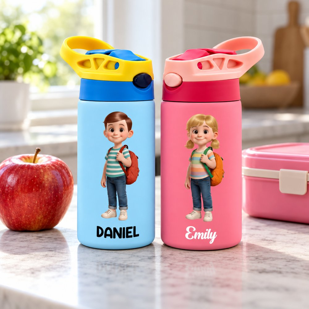 Daniel and Emily personalized kids water bottles next to an apple and lunchbox showing true size