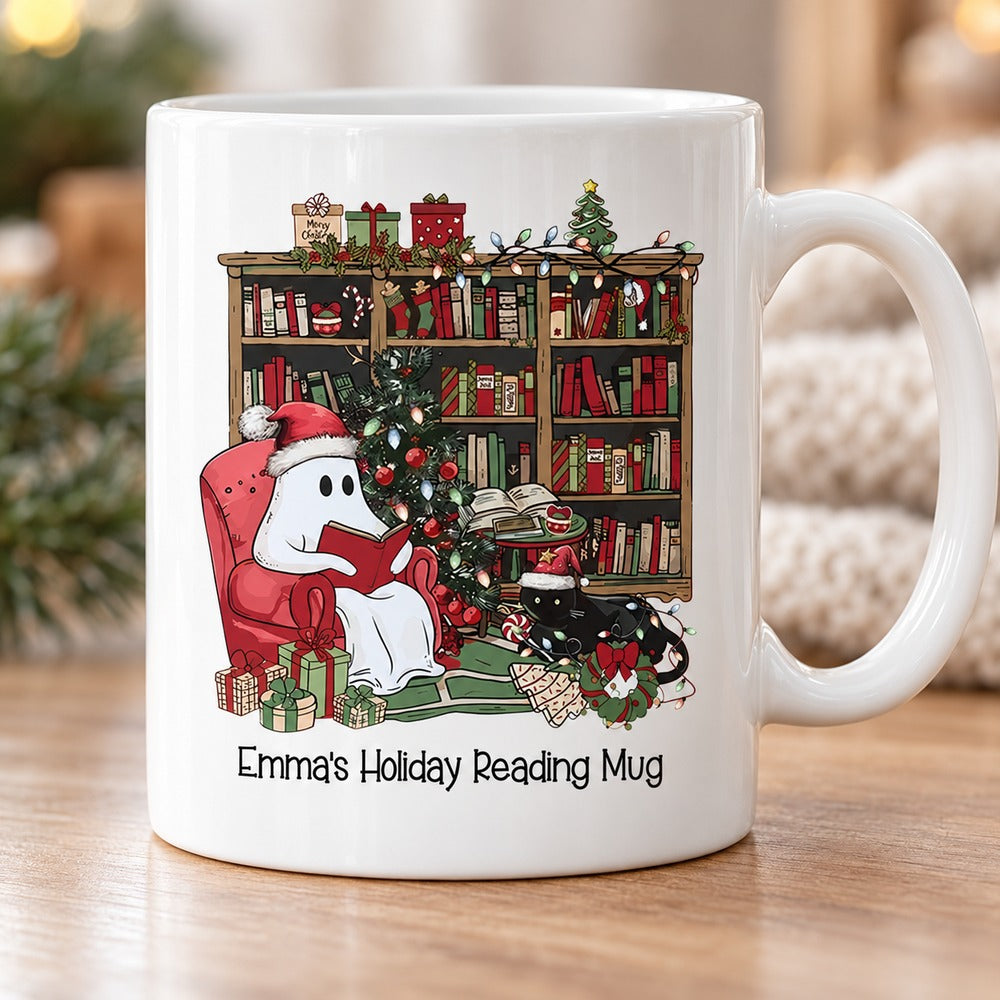 Close-up detail of the retro Christmas ghost and bookshelf print on ceramic mug