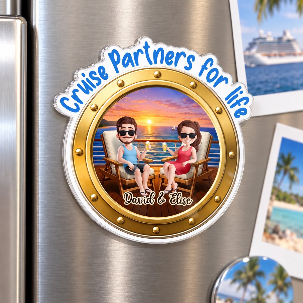Personalized couple cruise acrylic fridge magnet displayed on a stainless steel refrigerator door
