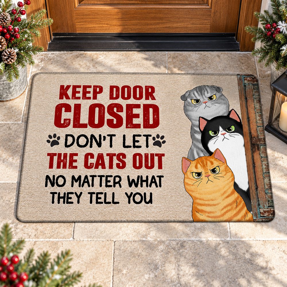 Custom cat lover doormat styled on a bright holiday porch with winter greenery