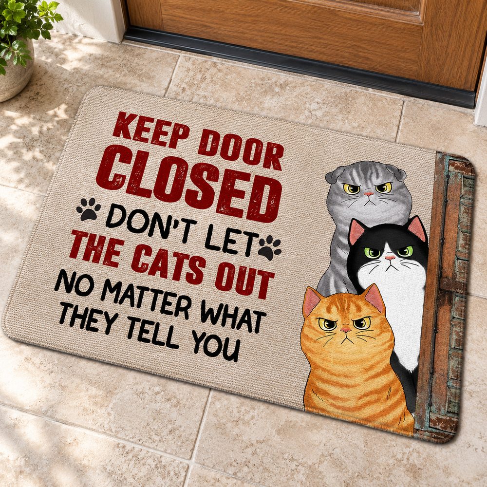 Close-up detail of the polyester felt texture and print on the custom cat doormat