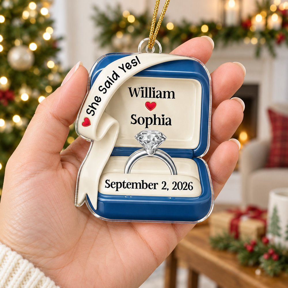 3.5 inch personalized engaged ring box acrylic ornament held in hand for size scale