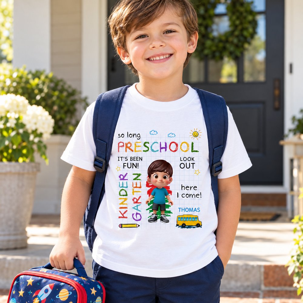 Young boy wearing custom So Long Preschool Look Out Kindergarten shirt on front porch for back to school