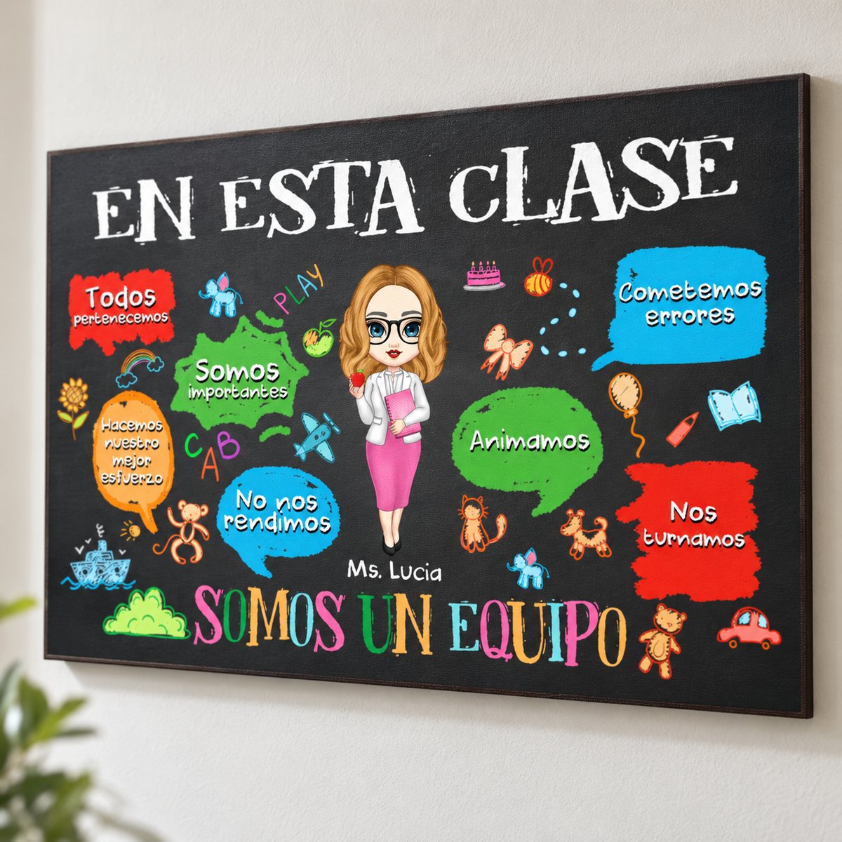 Close-up detail of the chibi teacher illustration and Spanish lettering on the classroom poster