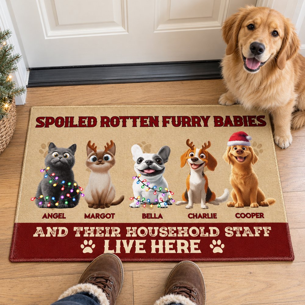 Personalized dog and cat lovers doormat in use at a front entryway with boots and a real dog
