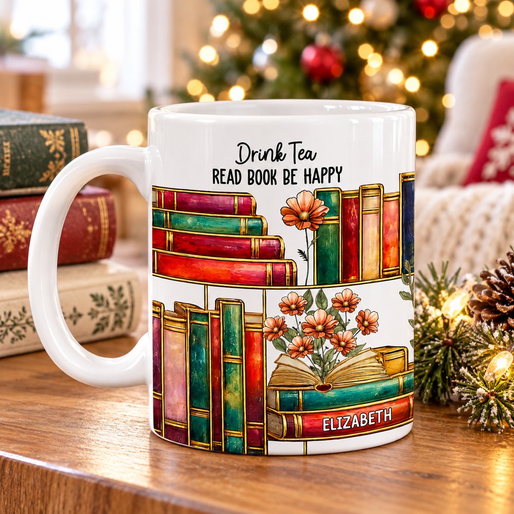 Personalized bookworm birth month flower ceramic mug on holiday side table near Christmas tree