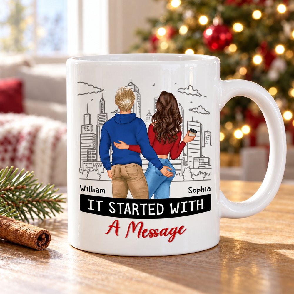 Personalized couple love story mug on wooden table with Christmas tree in background