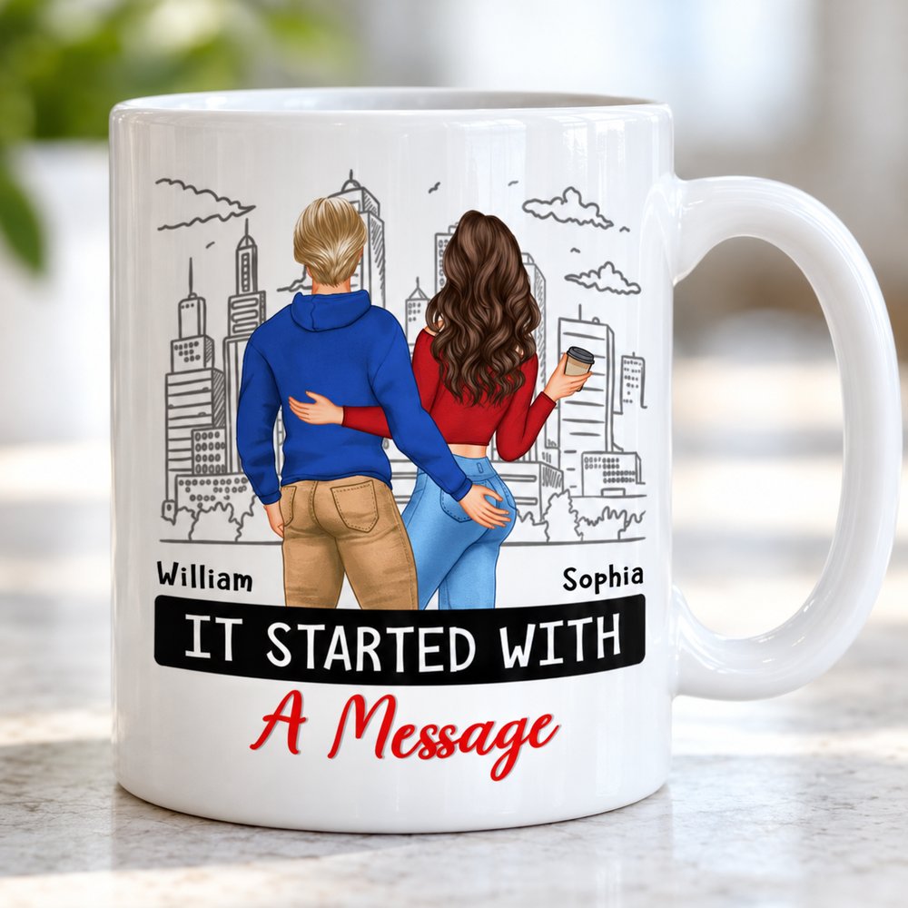 Close up detail of custom couple illustration and glossy ceramic print on personalized mug